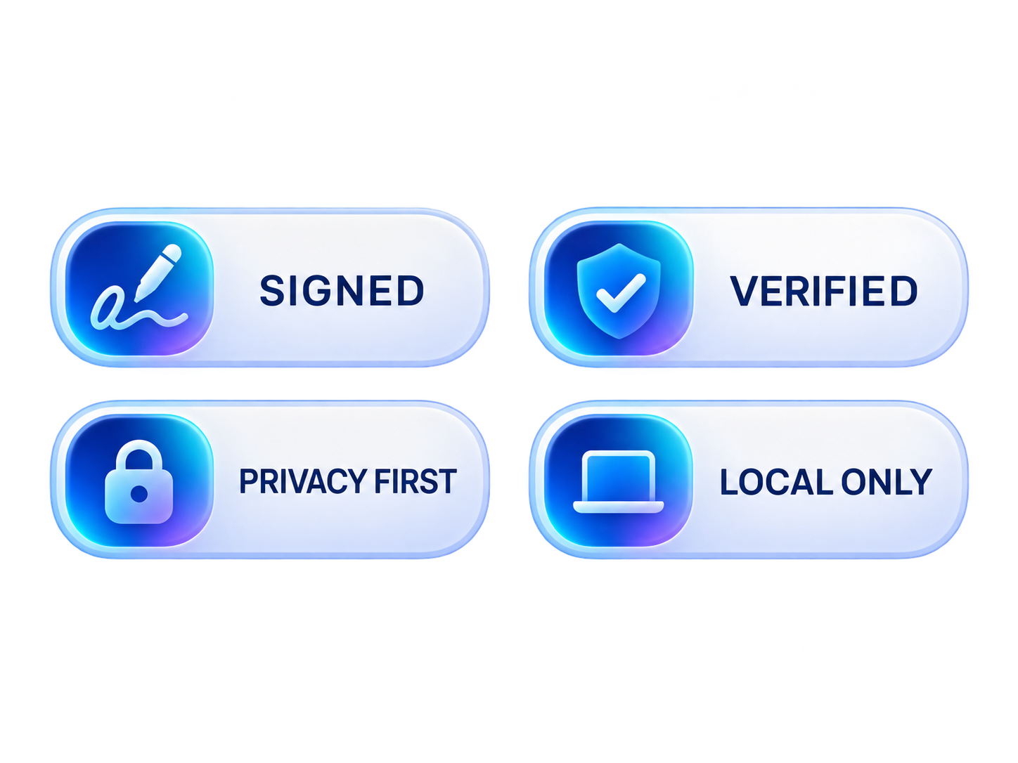 MacFlow trust badges: signed, verified, privacy, local